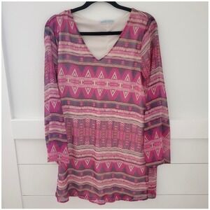 Sophie & Kate Pink Purple Geometric Tribal V-Neck Long Sleeve Tunic Dress Medium